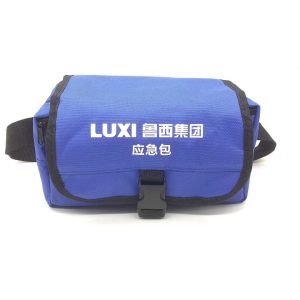 Blue oxford portable crossbody bag with white LUXI logo and black buckle front view