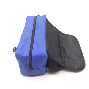 Blue portable utility bag side view showing double zipper opening