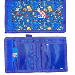 Blue oxford tri-fold wallet opened flat showing internal compartments