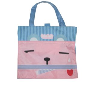Cute blue and pink spliced kids tote bag with cartoon animal face front view