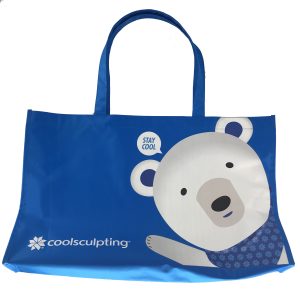 Blue custom tote bag front view with polar bear and STAY COOL graphic