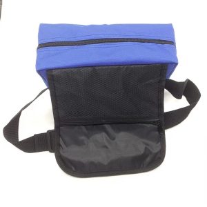 Black mesh pocket and zipper pocket inside the flap of blue portable bag