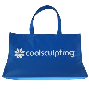 Blue tote bag back view with large white coolsculpting brand logo
