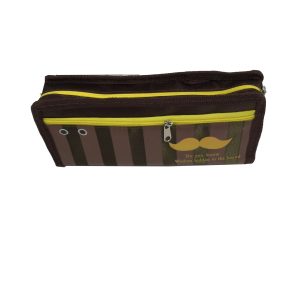 Brown striped pen pouch with yellow zipper and yellow mustache design