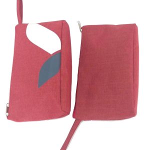 Burgundy portable pouch front and back view showing design and side loop