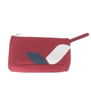 Burgundy fabric zipper pouch with white and navy geometric logo front view