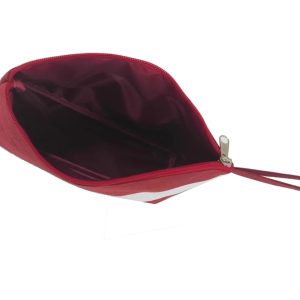 Open burgundy pouch showing dark red interior lining and zipper detail