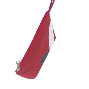 Burgundy zipper pouch side view with silver metal zipper and carrying handle