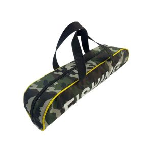 Angled view of camo fishing tackle bag with white FISHING text print
