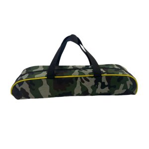 Camo fishing bag back view showing yellow edge binding detail
