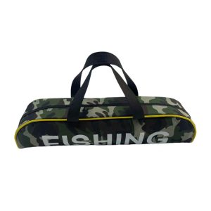 Camouflage pattern fishing rod bag front view with black woven handles