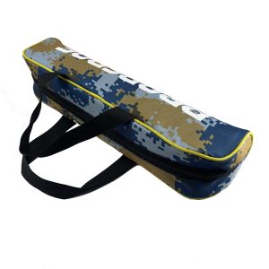 Camo portable fishing bag side view showing black webbing handle