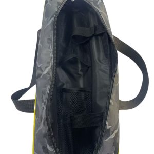 Internal black mesh pocket and compartments inside camo fishing gear bag