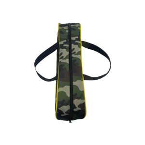 Camouflage fishing bag top view with full-length black zipper and yellow piping