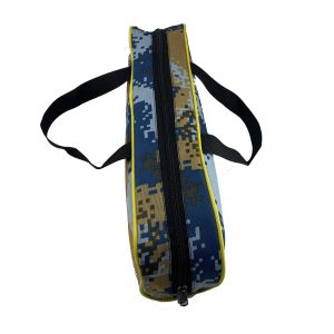 Long zipper closure detail on camo fishing bag with yellow piping