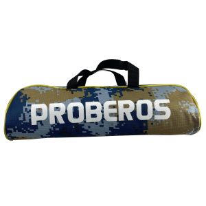 Blue and brown camo fishing gear bag front view with black handles
