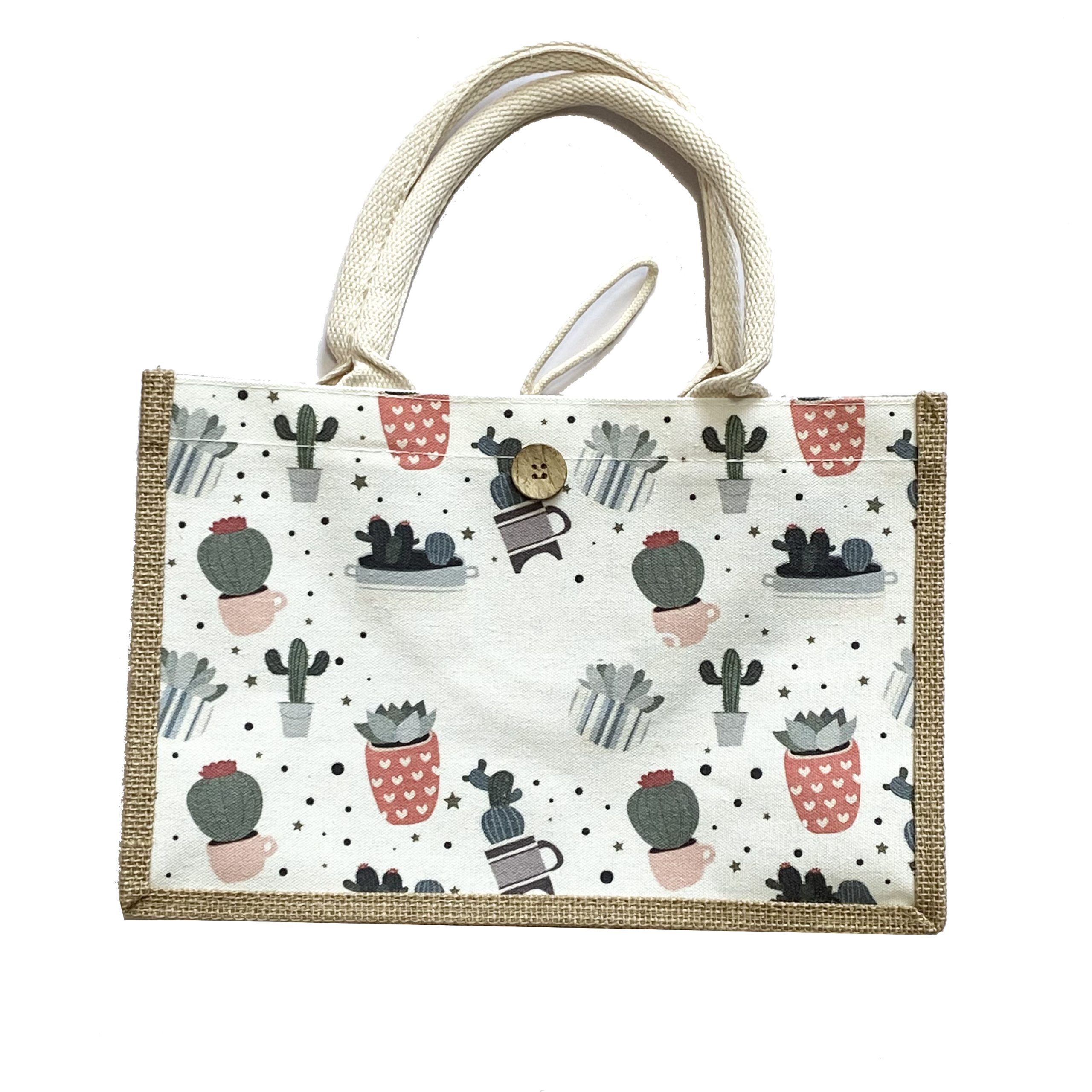 Canvas tote bag with cactus pattern, jute edge binding, and wooden button closure