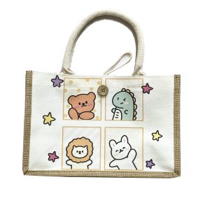Canvas bag with jute border, grid animal pattern, and a decorative wooden button
