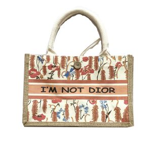 Orange striped canvas jute bag with floral pattern and I'M NOT DIOR text