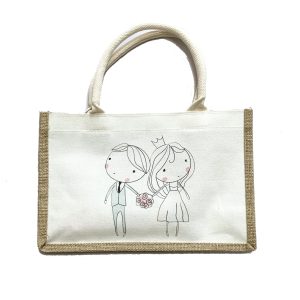 White canvas tote bag with jute side trim and cute wedding couple illustration