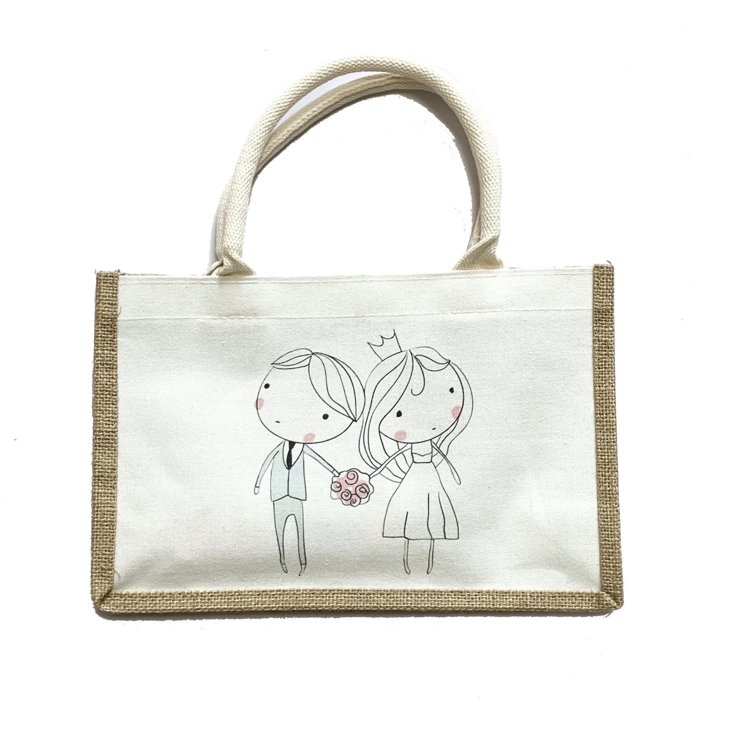 White canvas tote bag with jute side trim and cute wedding couple illustration