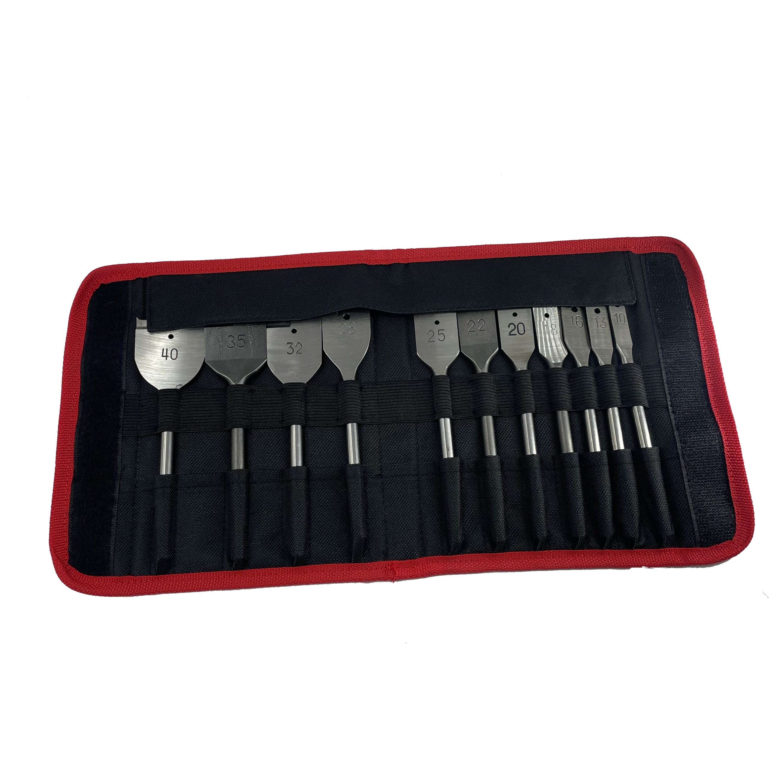 Black canvas tool roll with red binding opened to show drill bits and elastic loops