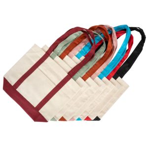 Stack of 8 color canvas tote bags with color-matched handles and bottoms