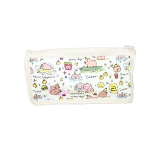 Capybara cartoon print pencil case front view with clear window and white piping