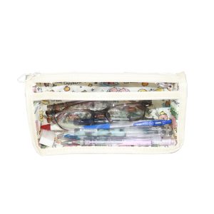 Capybara pencil pouch filled with glasses and pens showing internal capacity