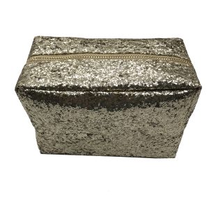 Champagne glitter makeup bag flat lay view