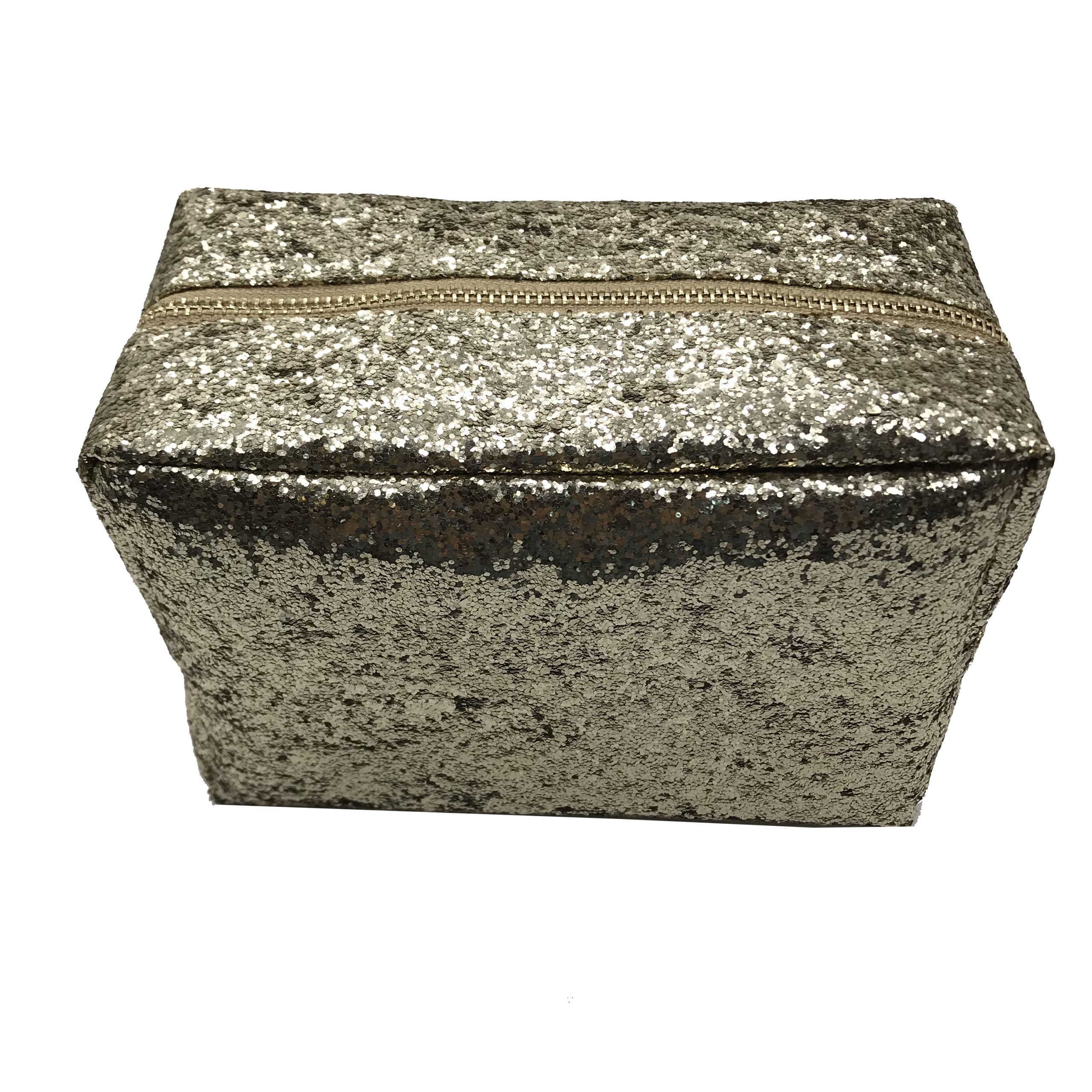 Champagne glitter makeup bag flat lay view