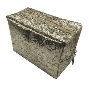 Champagne silver glitter makeup bag angled view with metal ring zipper pull