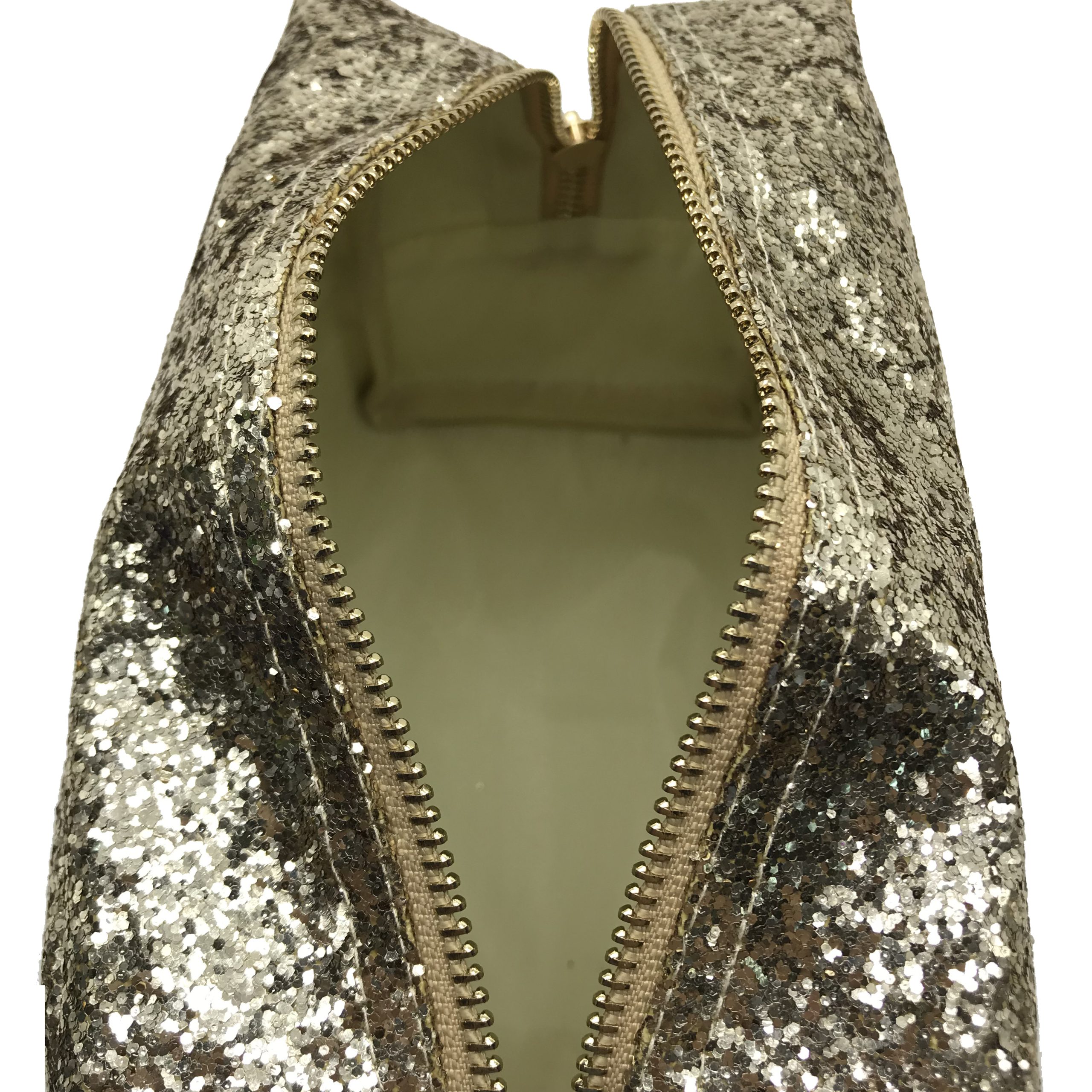 Champagne glitter makeup bag open showing smooth light-colored interior lining