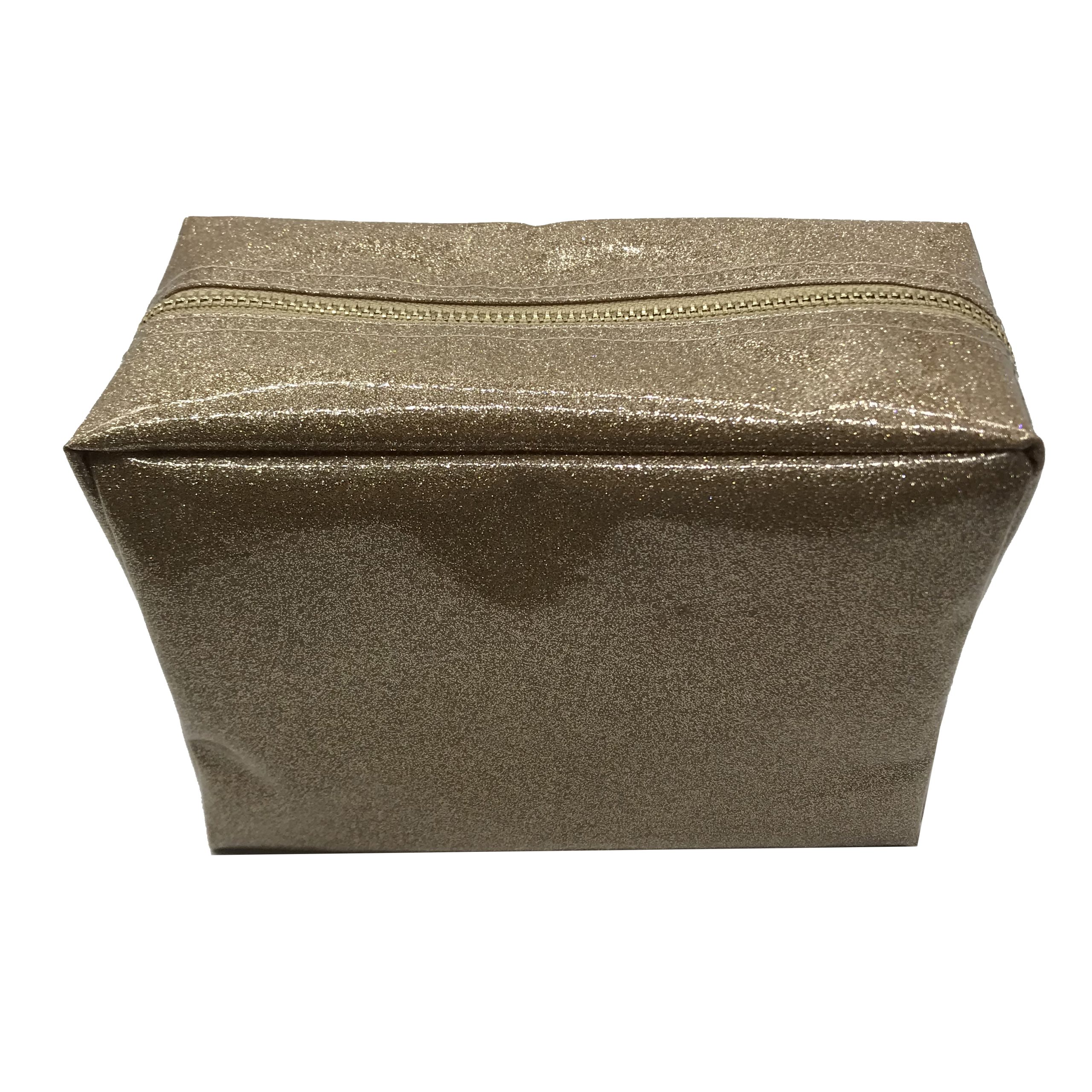 Champagne silver glitter cosmetic pouch top-down view