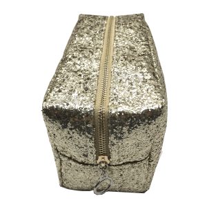 Champagne glitter cosmetic pouch front view showing metal zipper and ring pull