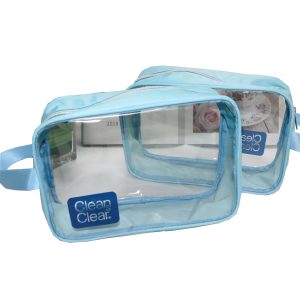 Clean & Clear branded clear PVC pouch front view showing logo placement