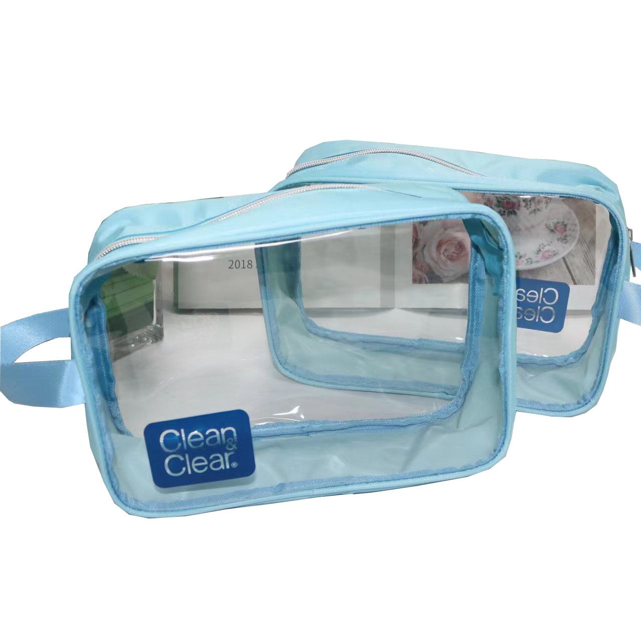 Clean & Clear branded clear PVC pouch front view showing logo placement