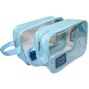 Clear PVC cosmetic bag side view with blue fabric trim and metal zipper