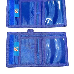 Clear PVC card slots and zippered coin pocket interior of oxford wallet