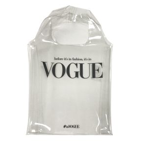 Clear TPU shopping tote bag front view with bold VOGUE black print