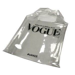 Clear transparent TPU tote bag angled view with die-cut handles