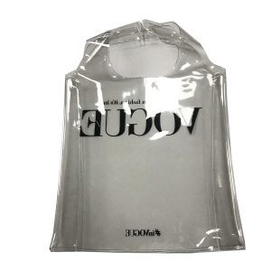 Back view of clear TPU tote bag showing reversed black text print