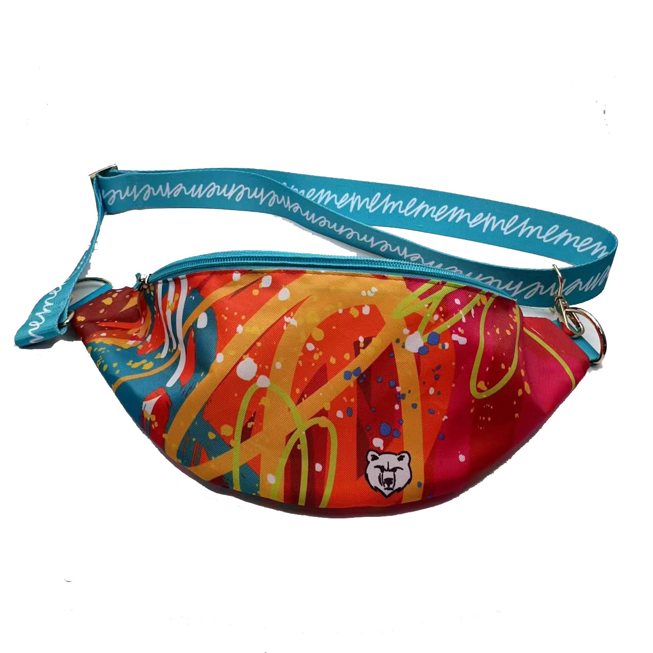 Colorful abstract graffiti waist bag front view with small bear logo