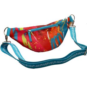 Colorful waist bag with extended custom printed strap and metal lobster clasp