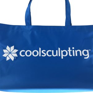 Close-up of white coolsculpting logo screen printed on blue promotional bag