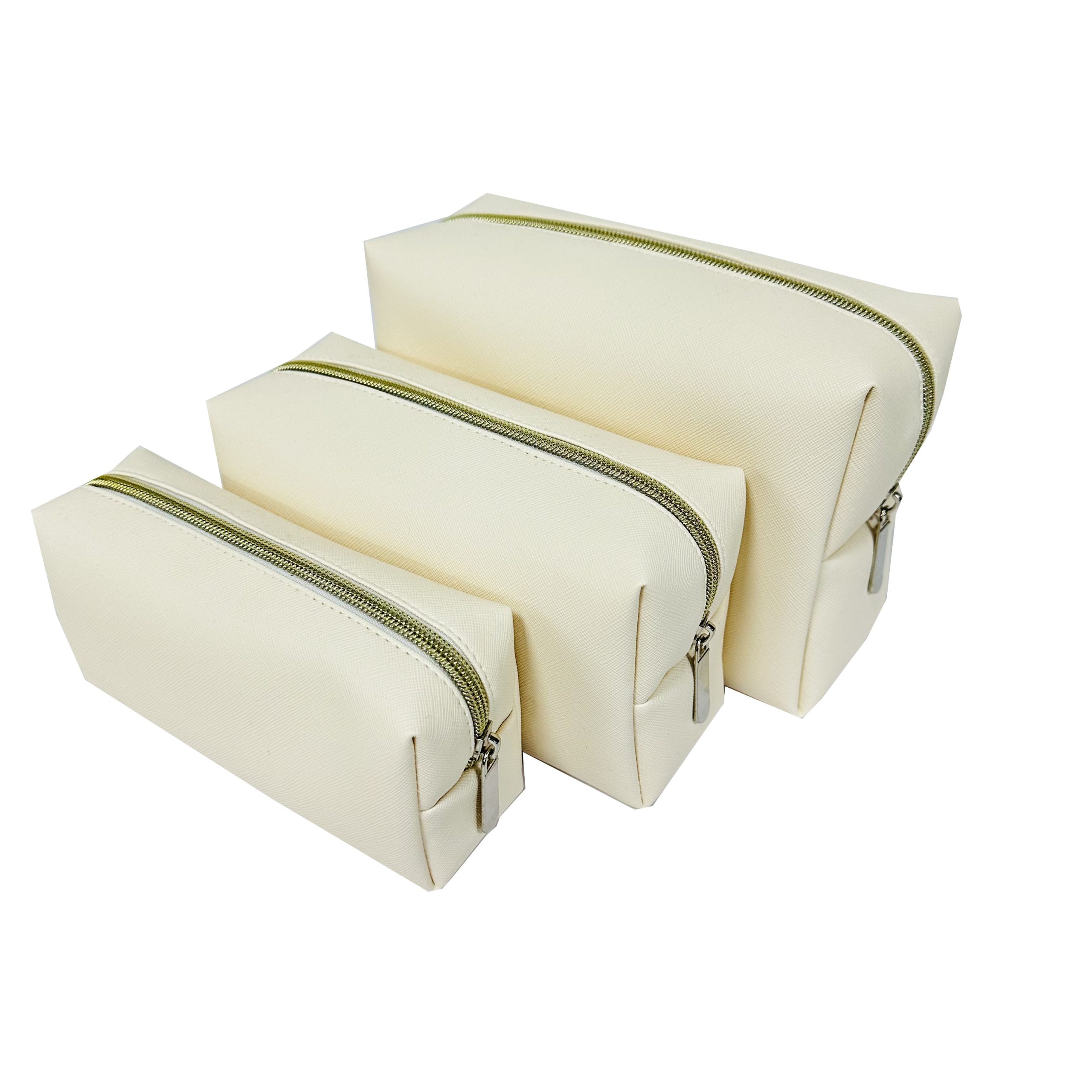 Cream toothpick texture PU leather cosmetic pouch 3-piece set with metal zippers