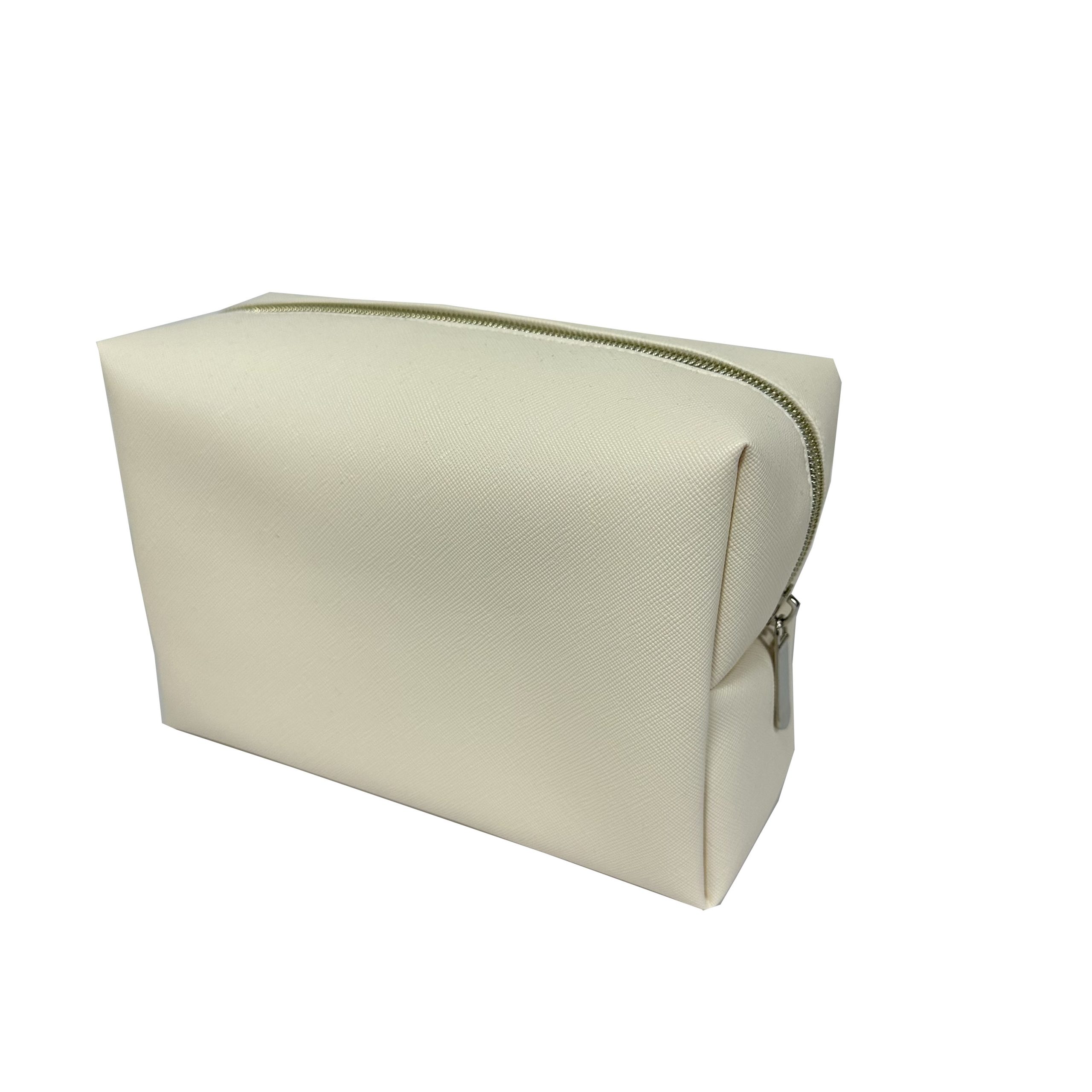 Large cream toothpick PU makeup bag with silver metal zipper pull