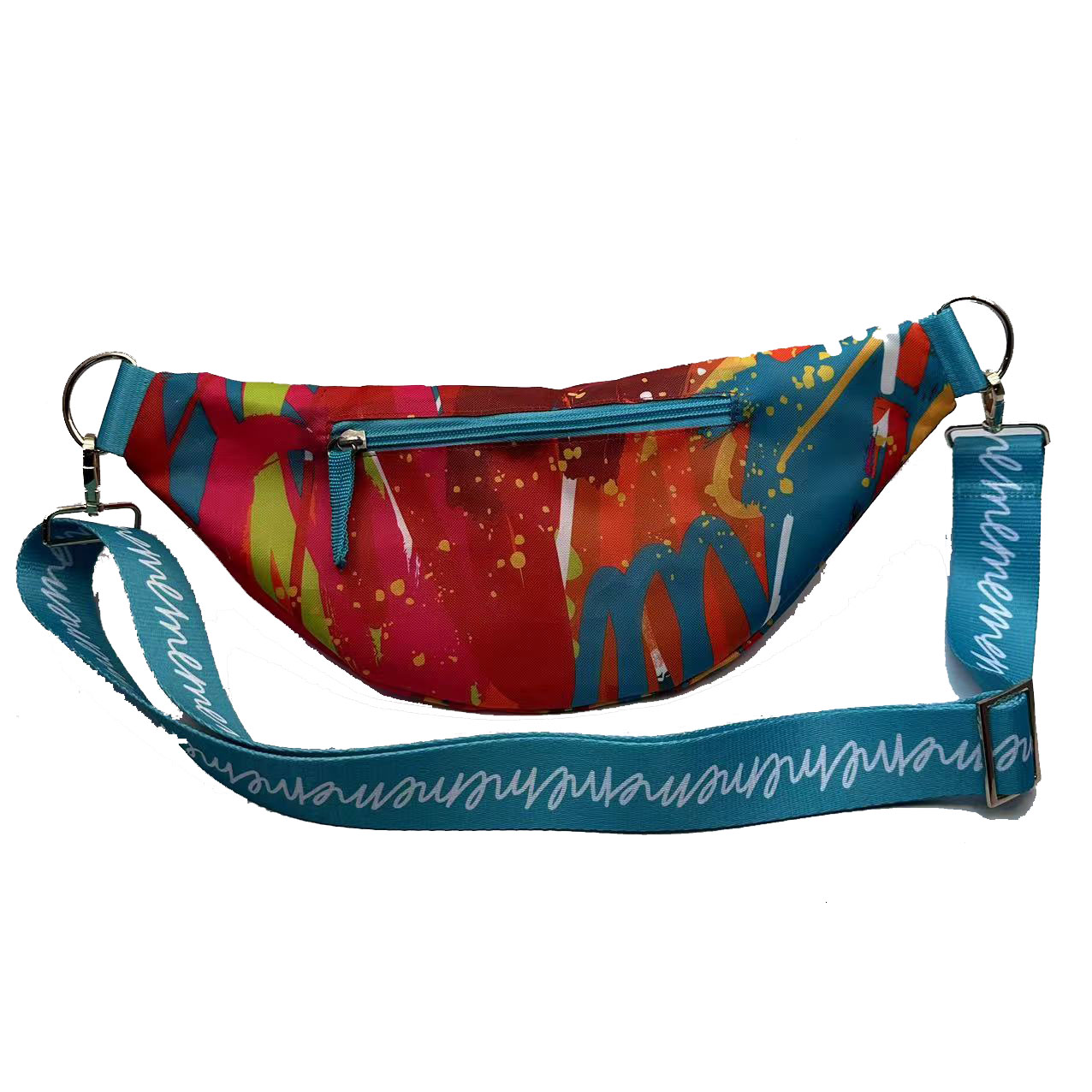 Custom teal webbing strap with white memememe text and metal D-ring detail