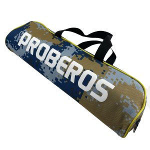 Digital camo fishing rod bag angled view with yellow piping and white logo