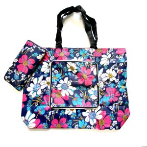 Navy floral foldable tote bag with matching zippered storage pouch and black handles